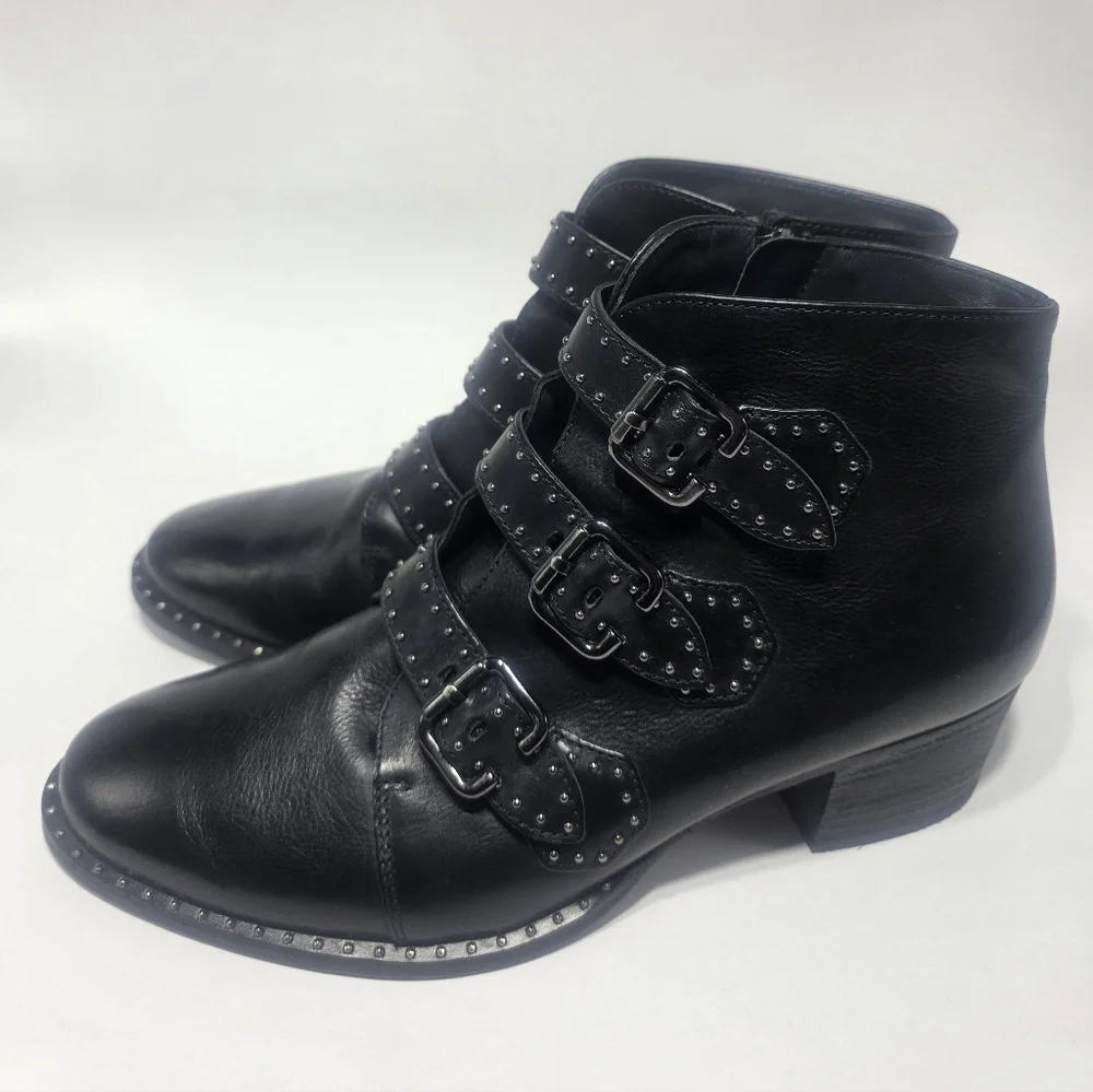 Paul Green Women’s Black Leather Studded Buckle Ankle Boots Size 5 Block Heel
